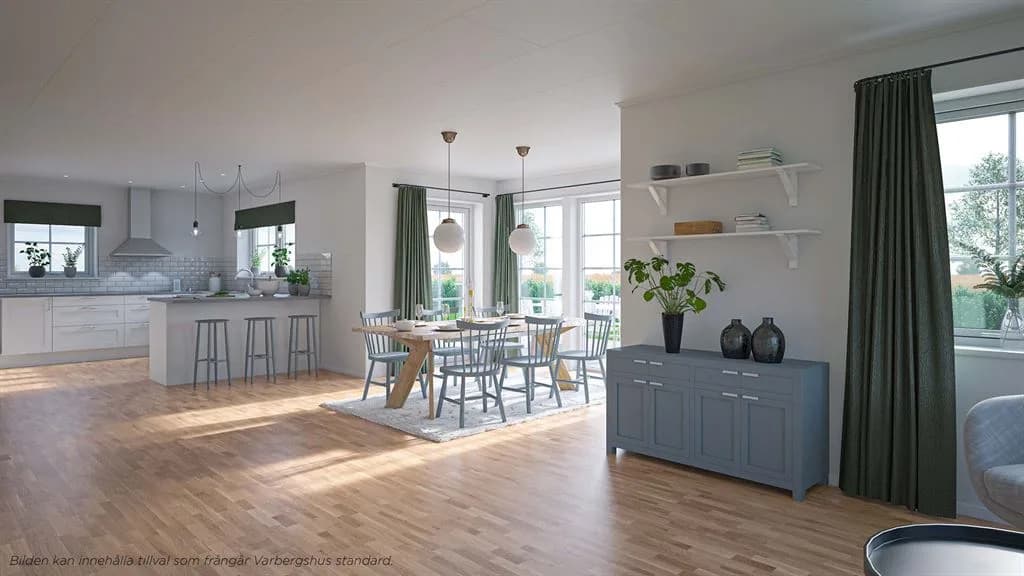 Visualisering av kök och vardagsrum i Villa Solhaga