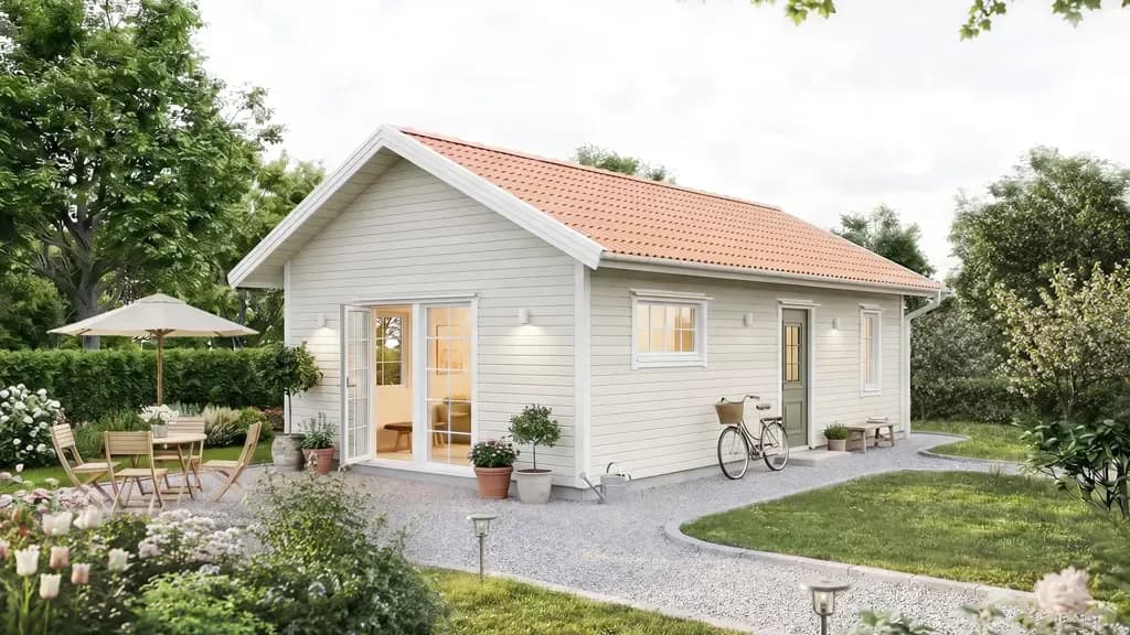Visualisering av ett vitt fritidshus i lösvirke i traditionell stil