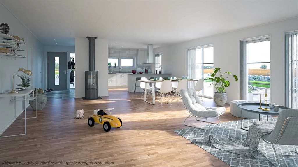Visualisering av kök och vardagsrum i Villa Solviken