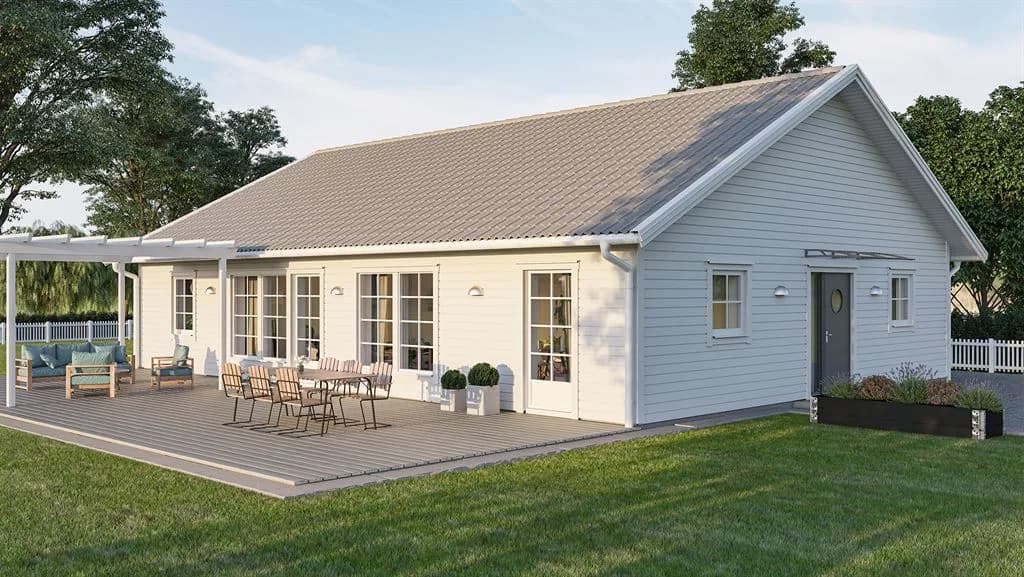 Visualisering av Vitt enplanshus med gavelentré i klassisk stil