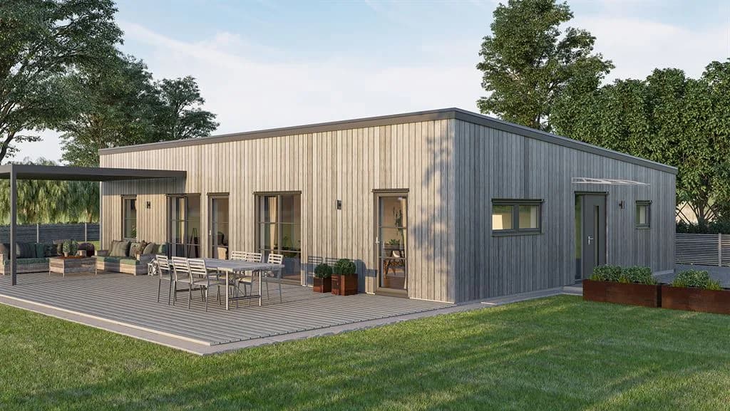 Visualisering av laserat enplanshus med pulpettak i modern stil