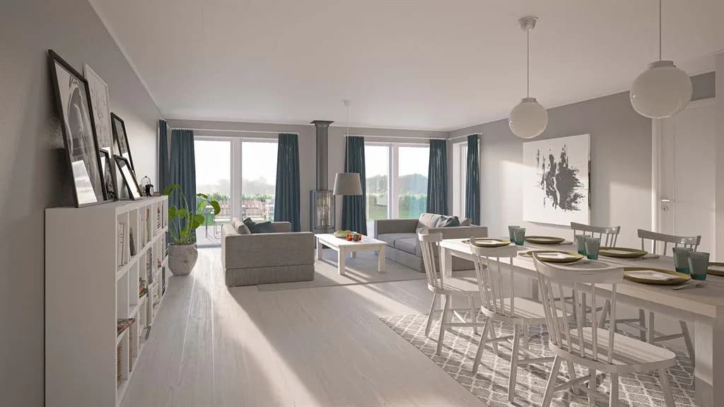 Visualisering av vardagsrummet i Villa Stenskär