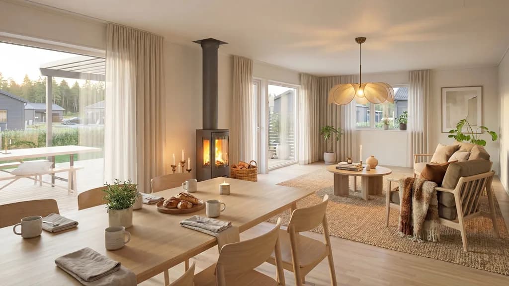 Interiör visualisering av ett enplanshus i lösvirke