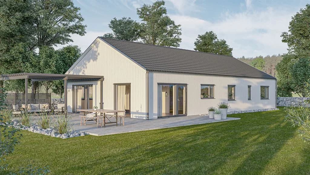 Visualisering av ett vitt enplanshus med svarta fönster och sadeltak i modern stil