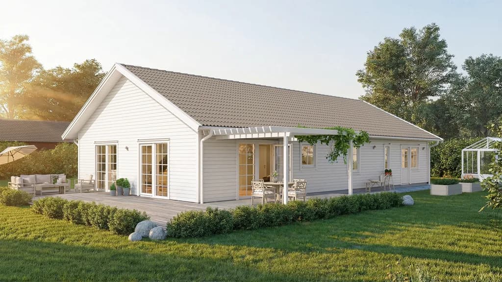 Visualisering av ett vitt enplanshus i lösvirke i klassisk stil