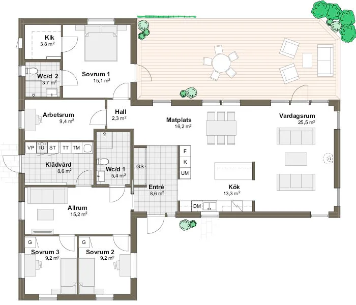 Planlösning M/T 152 alt 2 spegelvänd Villa Strandlyckan