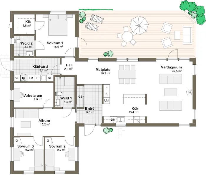 Planlösning M/T 152 spegelvänd Villa Strandlyckan