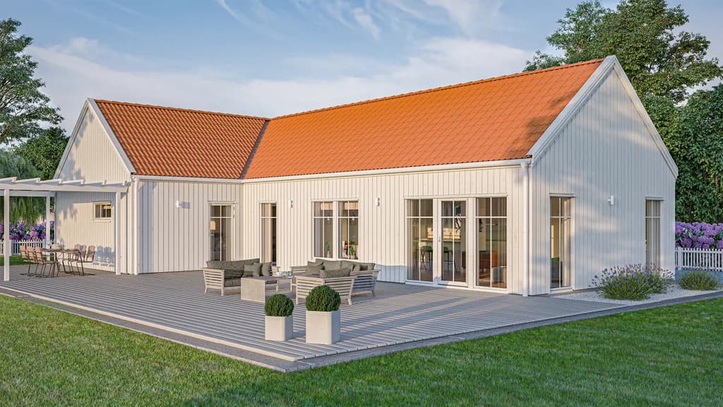 Visualisering av Vitt enplanshus t-format med orange tak i traditionell stil