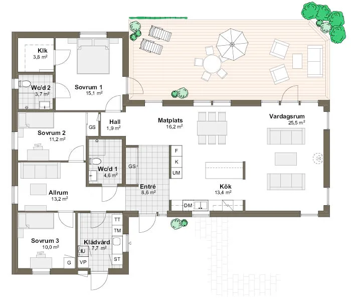 Planlösning M/T 140,3m2 spegelvänd Villa Strandlyckan