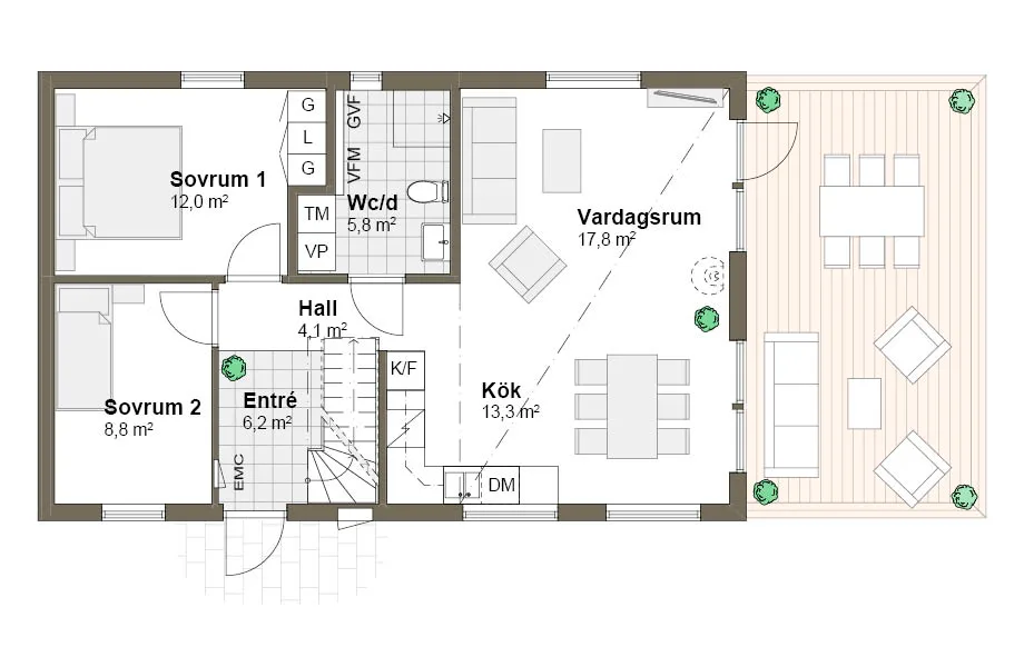Planlösning M spegelvänd Villa Strandö