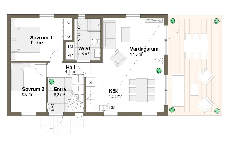 Planlösning T spegelvänd Villa Strandö