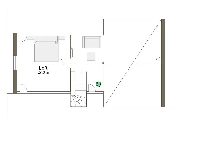 Planlösning T loft spegelvänd Villa Strandö