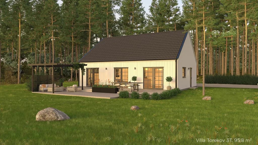 Visualisering av ett vitt enplanshus med spröjs och svart tak i klassisk stil