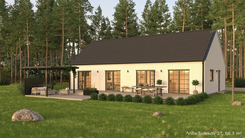 Visualisering av ett vitt enplanshus med spröjs i modern stil