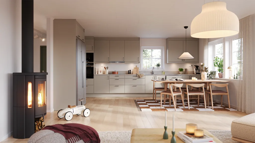 Visualisering av kök och vardagsrum i Villa Udden