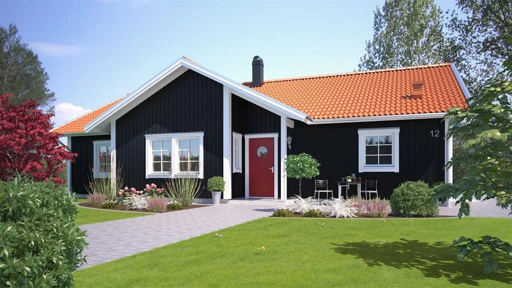 Visualisering av svart enplanshus med orange sadeltak i klassisk stil