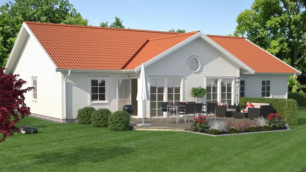 Visualisering av vitt enplanshus med sadeltak i klassisk stil