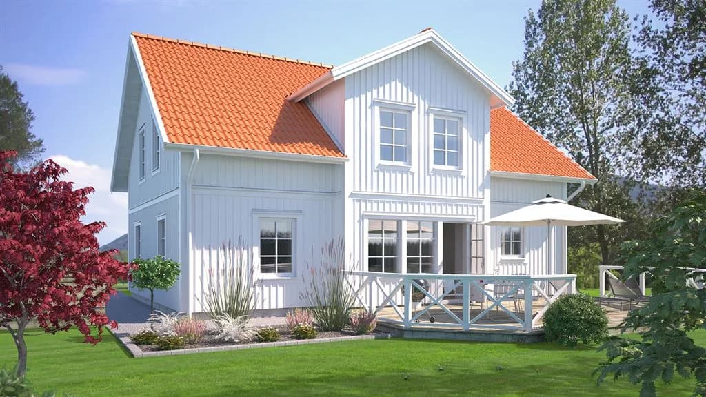 Visualisering av vitt tvåplanshus med sadeltak i klassisk stil