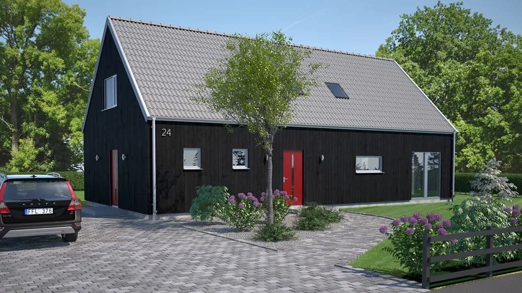 Visualisering av svart en och en halv planshus i modern stil