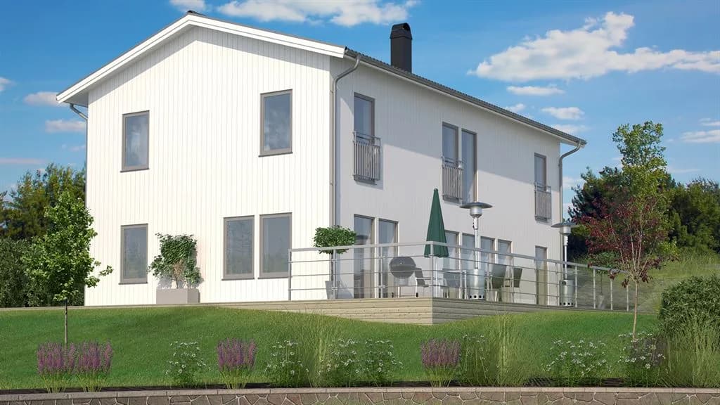 Visualisering av vitt tvåplanshus med sadeltak i klassisk stil