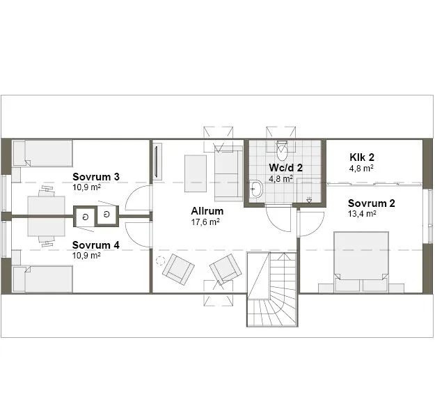 Planlösning T övre plan Villa Arild