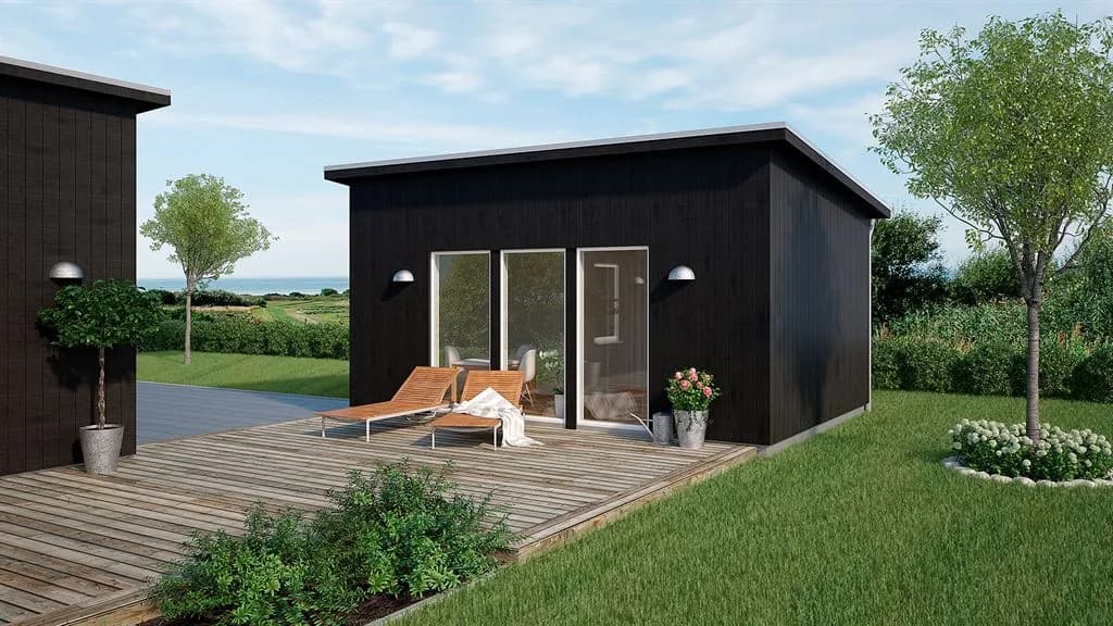 Visualisering av svart attefallshus i modern stil