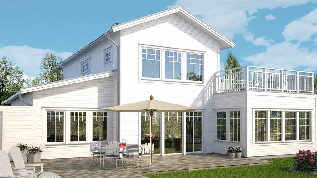 Visualisering av vitt en och en halv planshus med sadeltak i traditionell stil