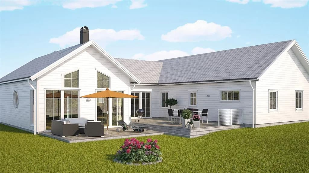 Visualisering av ett vitt enplanshus i klassisk stil