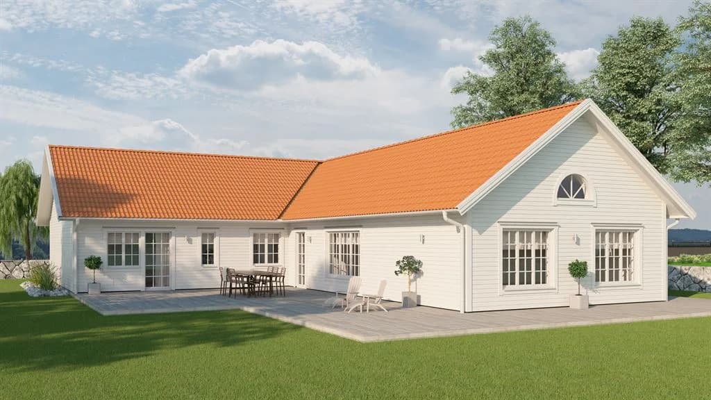 Visualisering av vitt enplanshus med sadeltak i klassisk stil