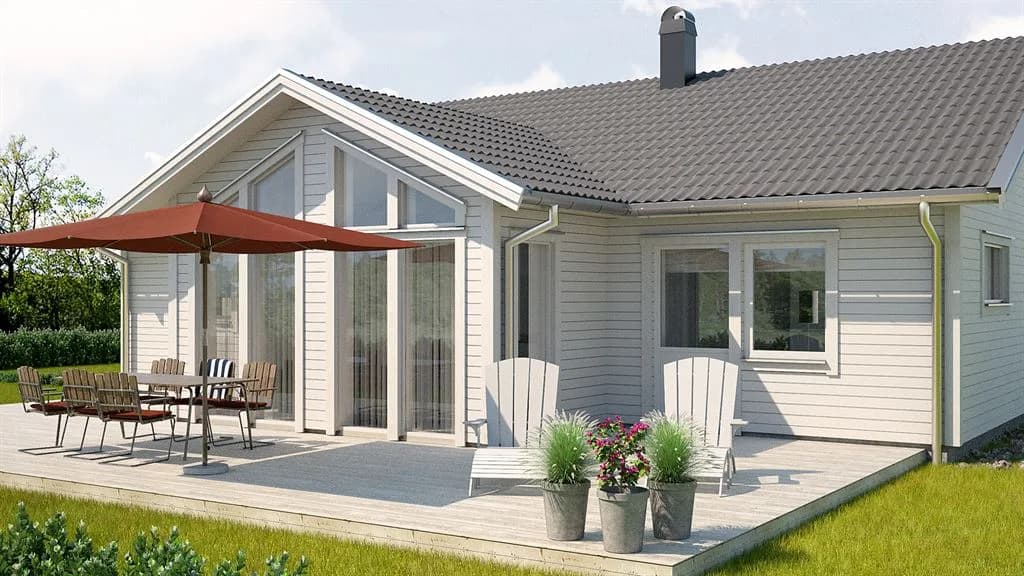 Visualisering av vitt enplanshus med sadeltak i klassisk stil från varbergshus