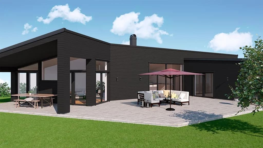 Visualisering av svart enplanshus i vinkel