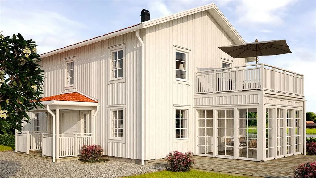 Visualisering av vitt tvåplanshus med sadeltak i traditionell stil
