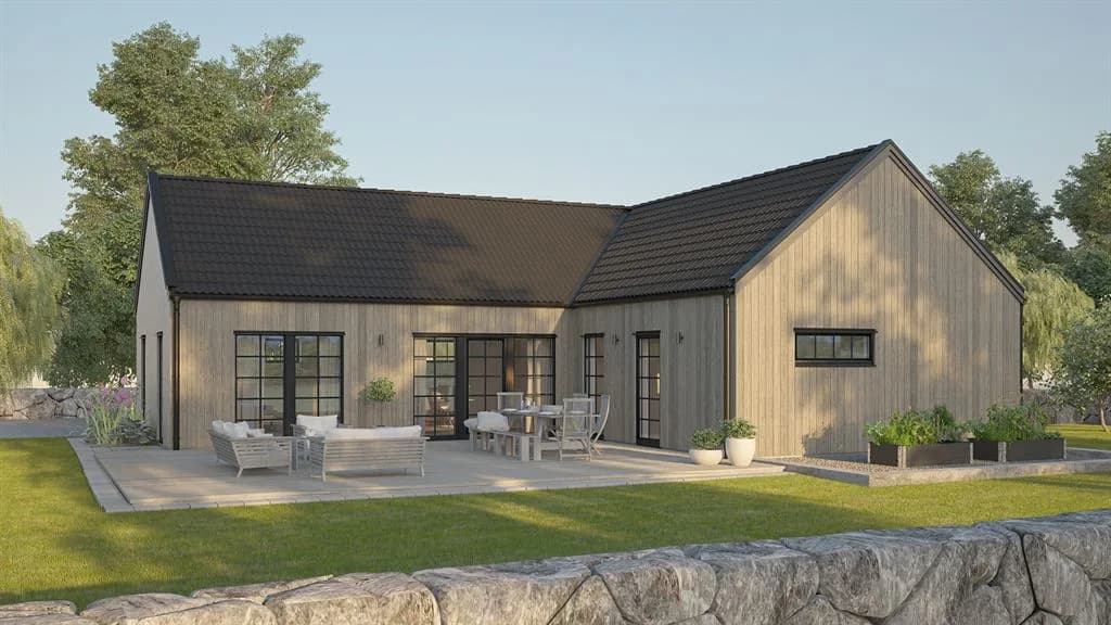 Visualisering av ett laserat enplanshus med sadeltak i modern stil