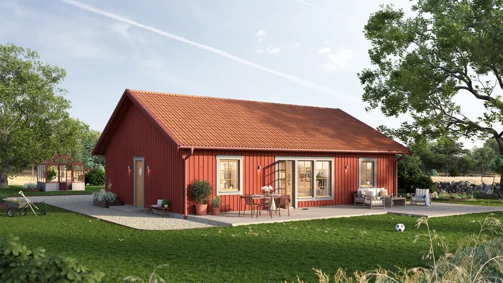 Visualisering av ett rött enplanshus i lösvirke i klassisk stil