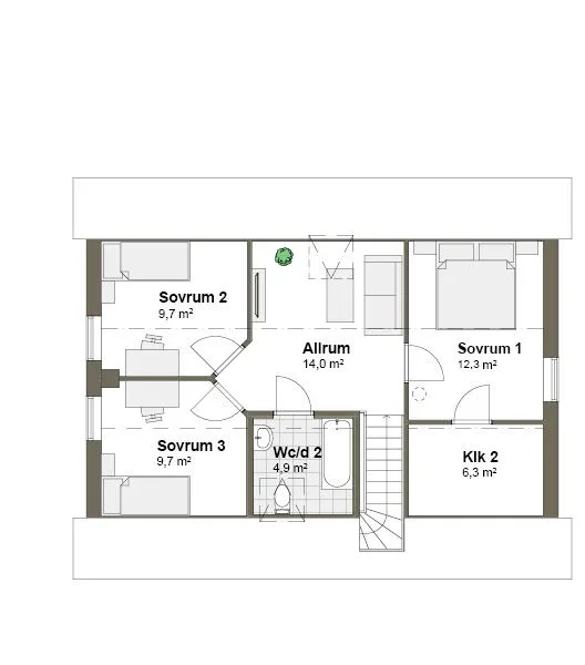 Planlösning Villa Viken K övreplan spegelvänt