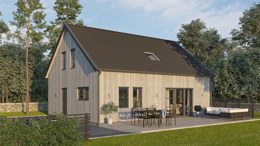 Visualisering av ett laserat en och en halvplanshus i modern stil