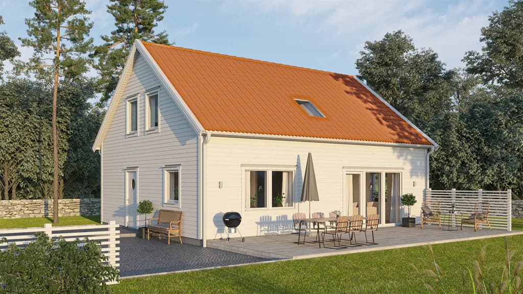 Visualisering av Vitt en och en halvplanshus med orange tak i klassisk stil