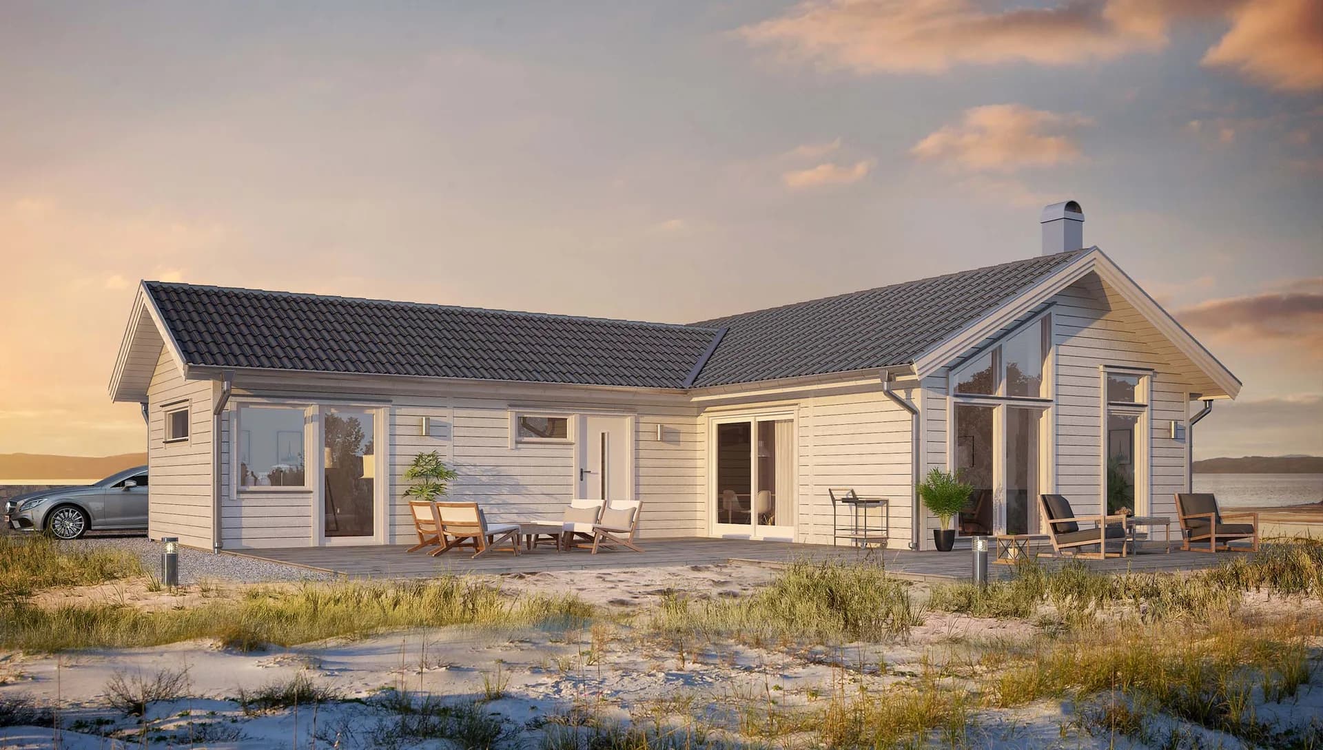 vitt fritidshus vinkelhus