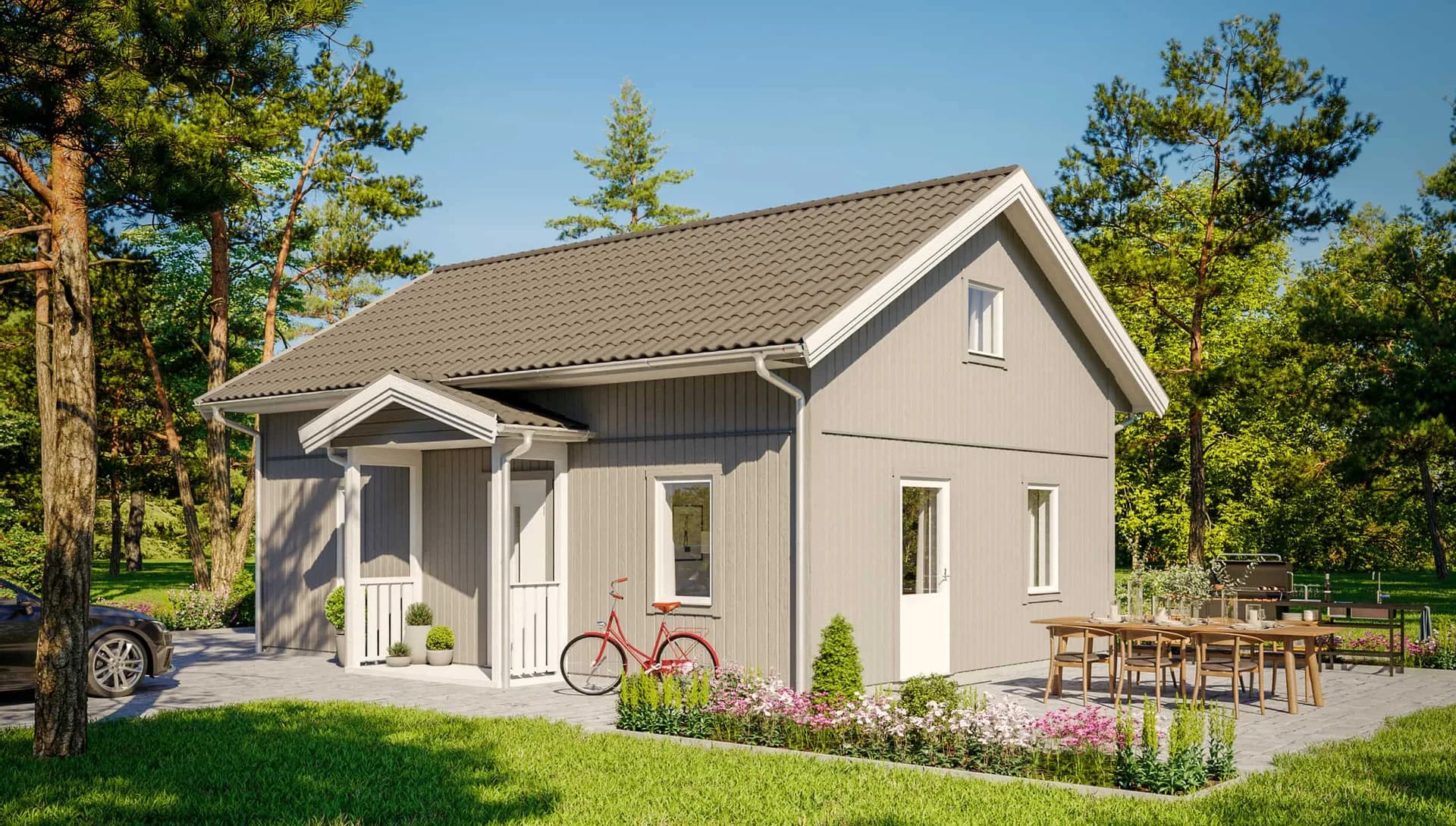 grått fritidshus med loft