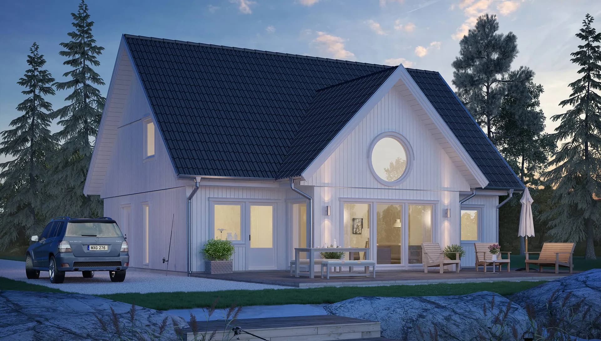 1,5-planshus med runt föster