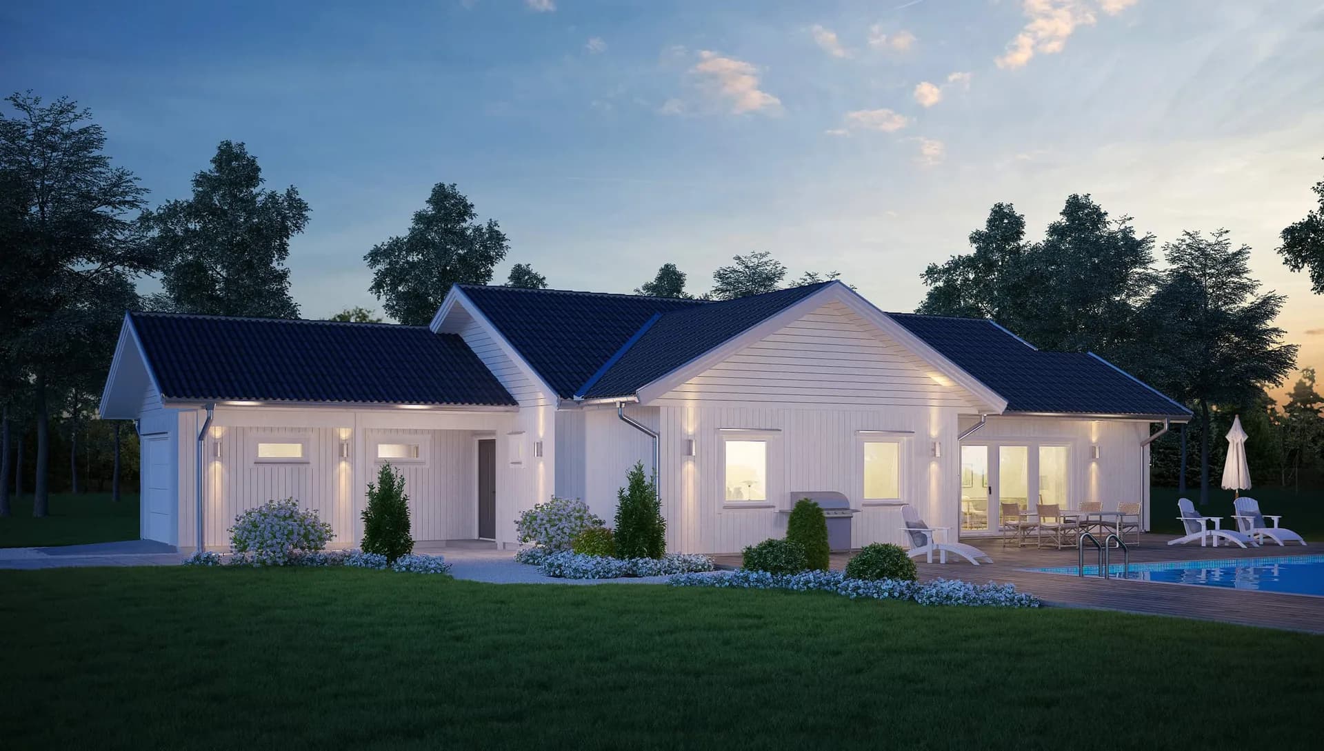 enplansvilla långsmal tomt