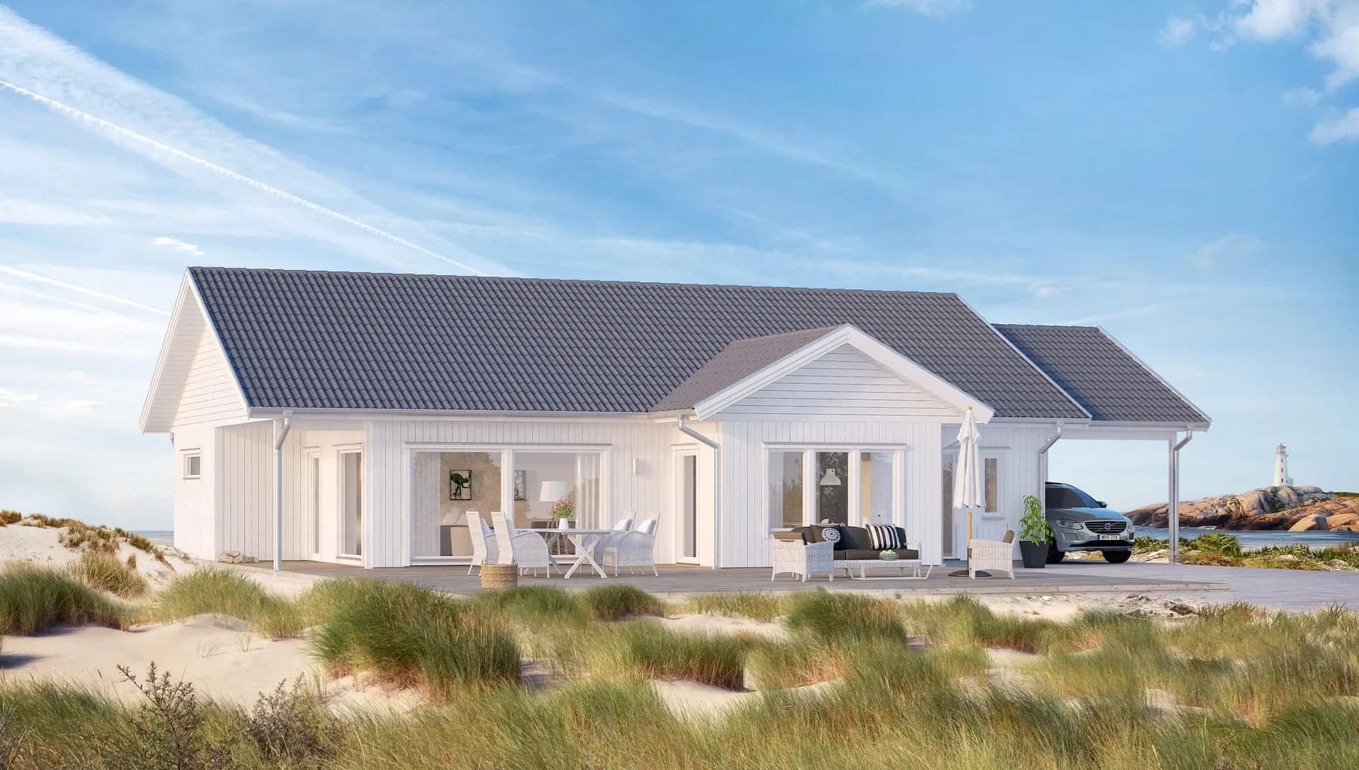 enplanshus med vidbyggd carport