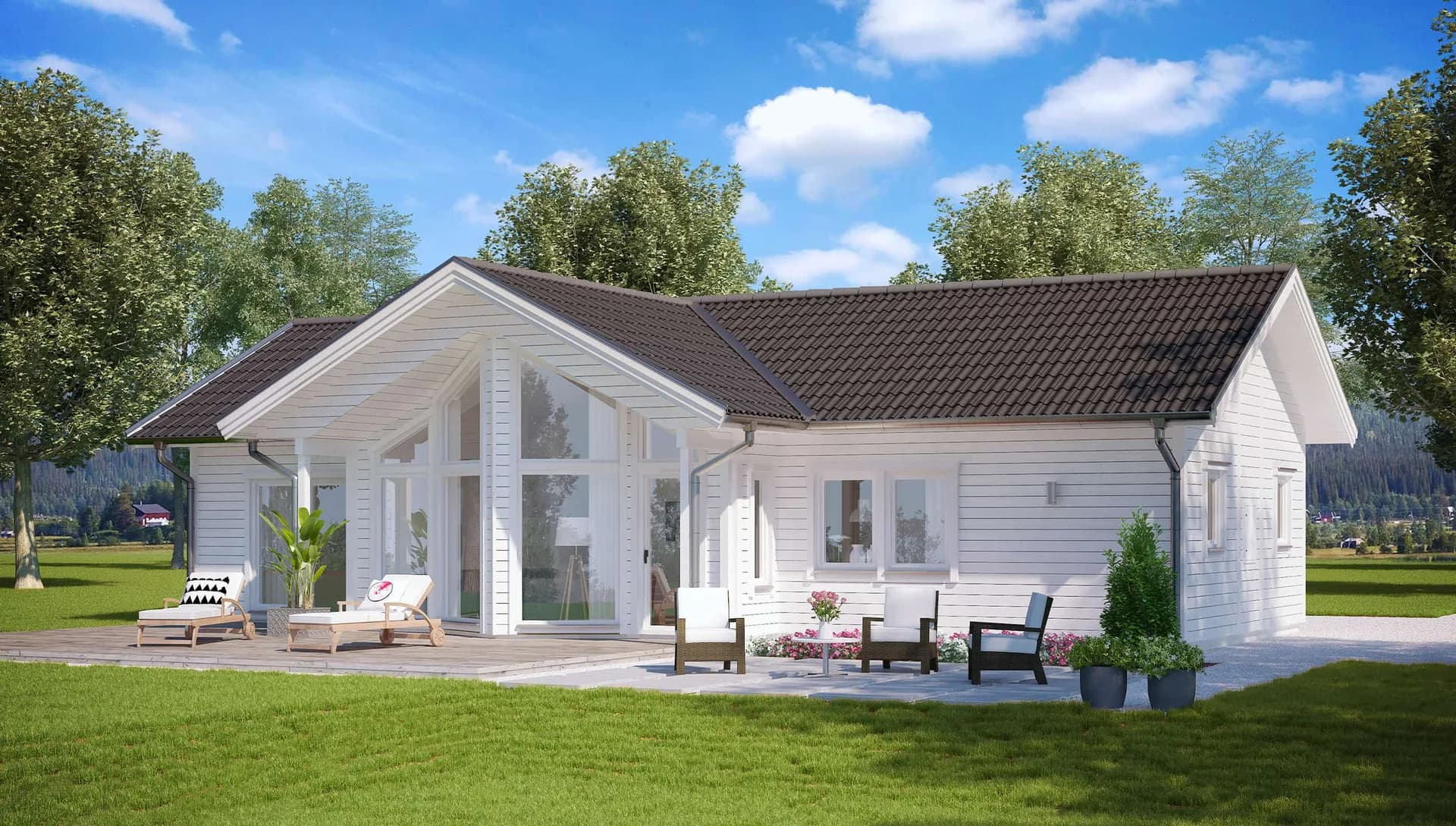 enplanshus med uteplats under tak