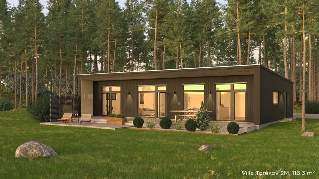 Visualisering av ett svart enplanshus med pulpettak och många fönster