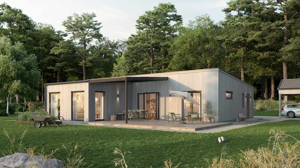 Visualisering av ett modernt 1-planshus, husmodellen Ölmanäs, i lösvirke från Varbergshus