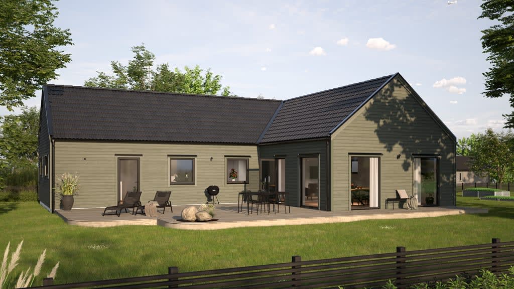 Visualisering av grönt enplanshus i vinkel i modern stil