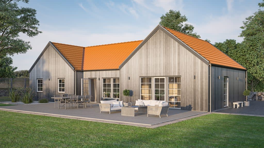 Visualisering av laserat h-format hus med modern stil