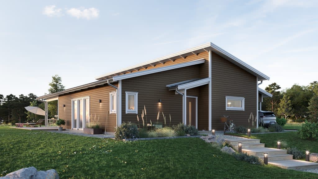 Visualisering av brunt enplanshus i lösvirke i modern stil