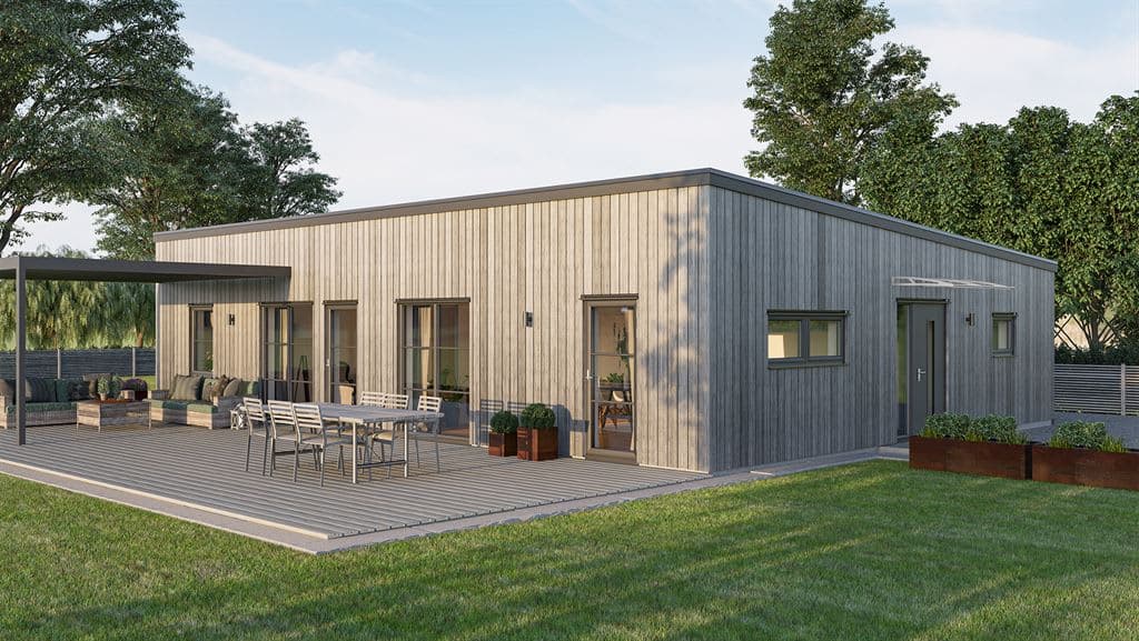 Visualisering av laserat enplanshus med pulpettak i modern stil