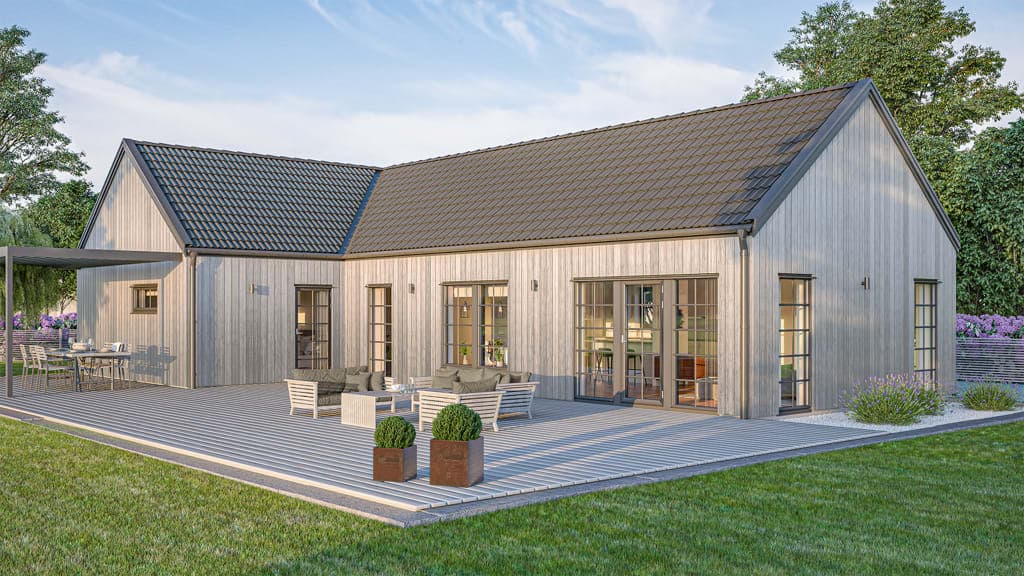 Visualisering av laserat enplanshus i vinkel med modern stil